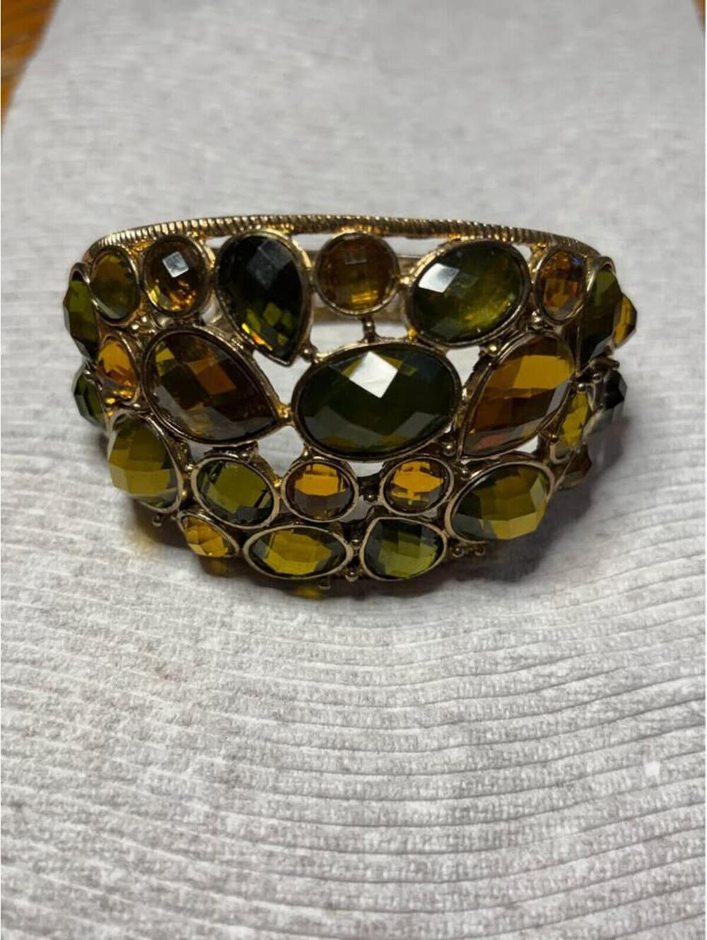Gold Tone Green and Amber Stone Cuff Bracelet
